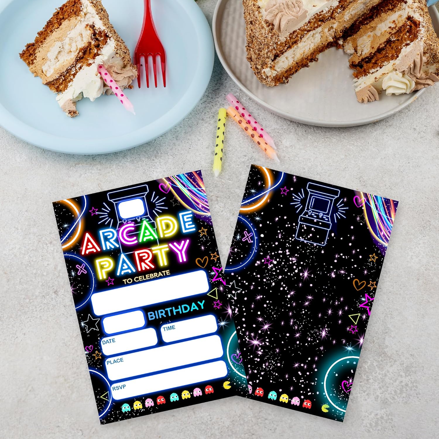 Neon Arcade Birthday Invites - 20pcs with Envelopes
