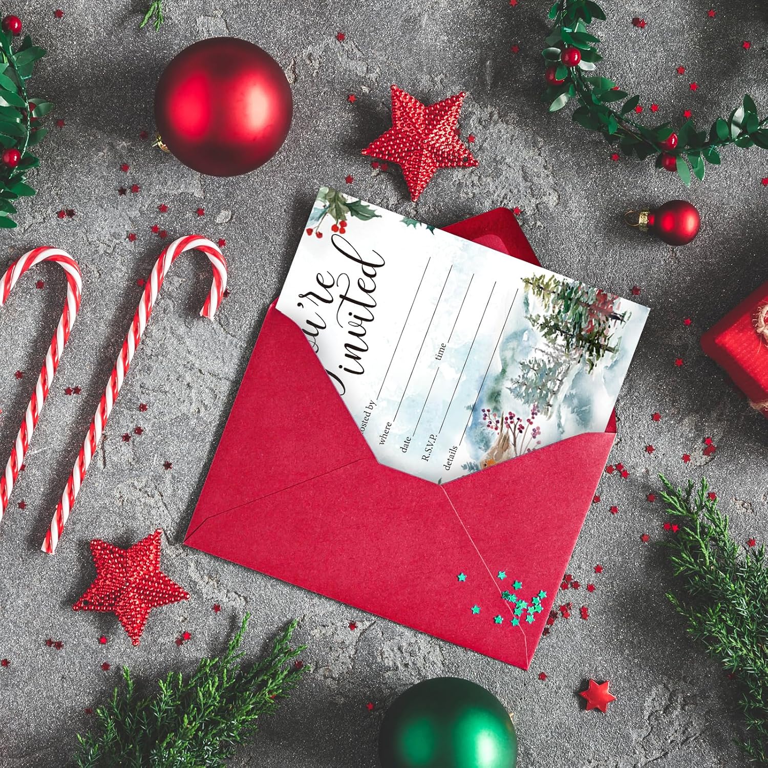 Whaline 25 Pack Christmas Party Invitation Cards with Dark Red Envelopes