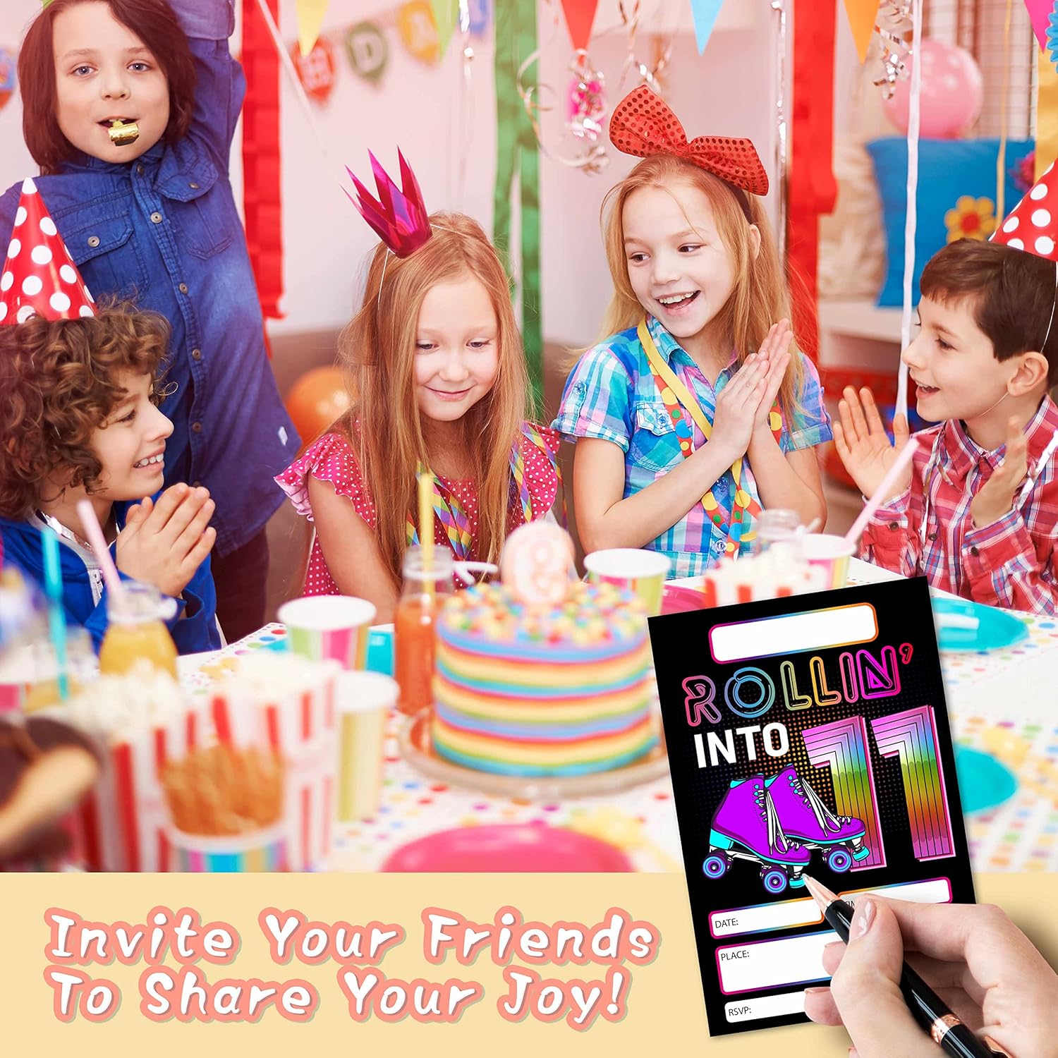 DETIHO 4x6 Roller Skating 11th Birthday Party Invitations 20 Sets