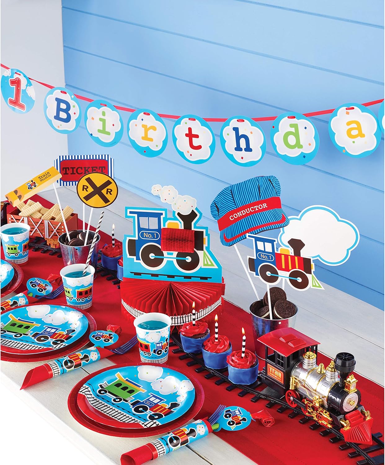 All Aboard Blue Boys Happy Birthday Napkins 65x65