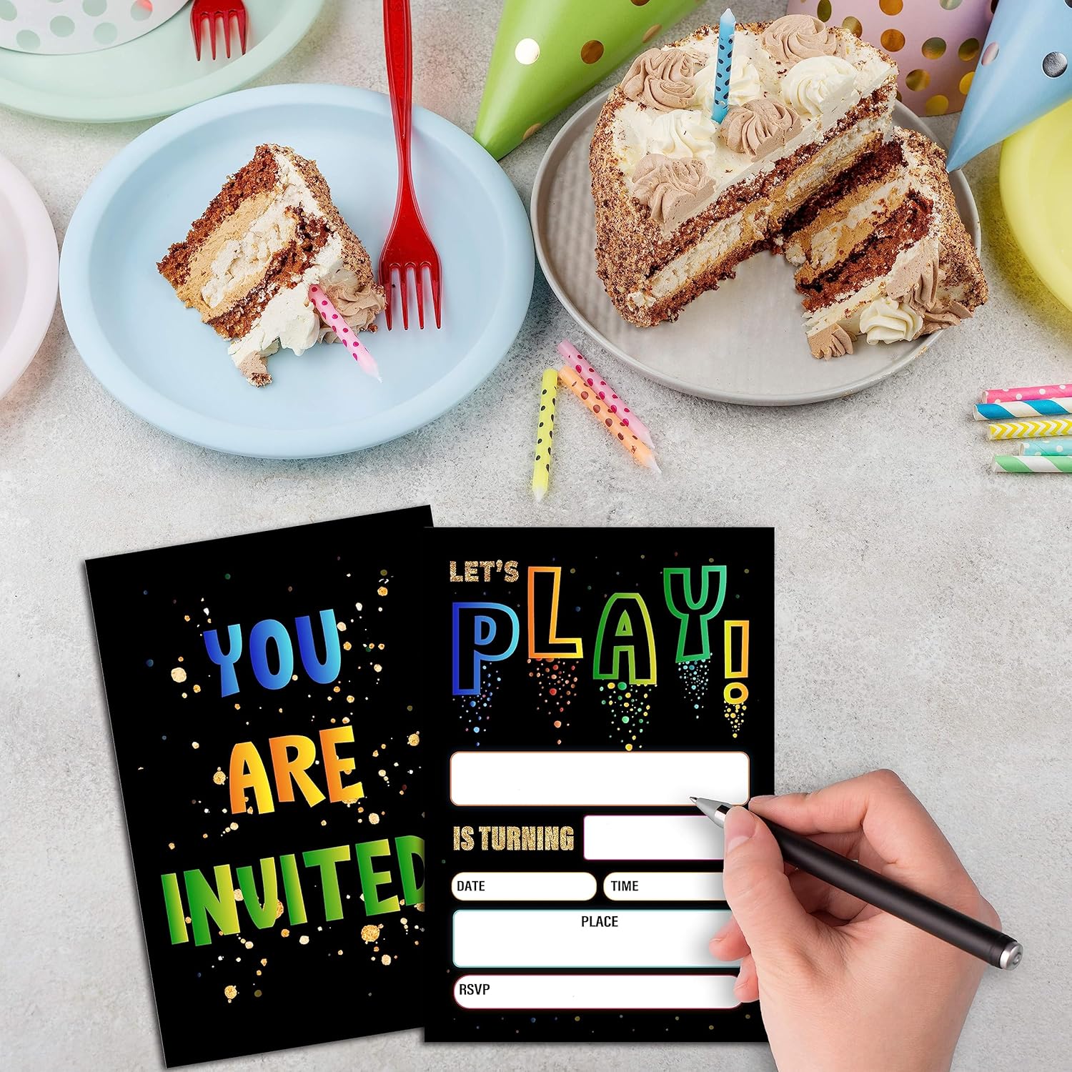 Neon Play Birthday Invitations for Kids 20 Cards with Envelopes