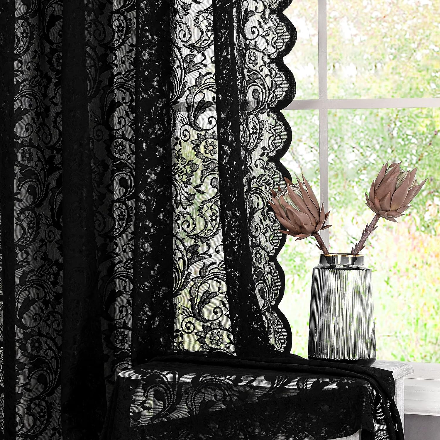 Bujasso Black Lace Curtain 216 Inch Long Panel 52 W