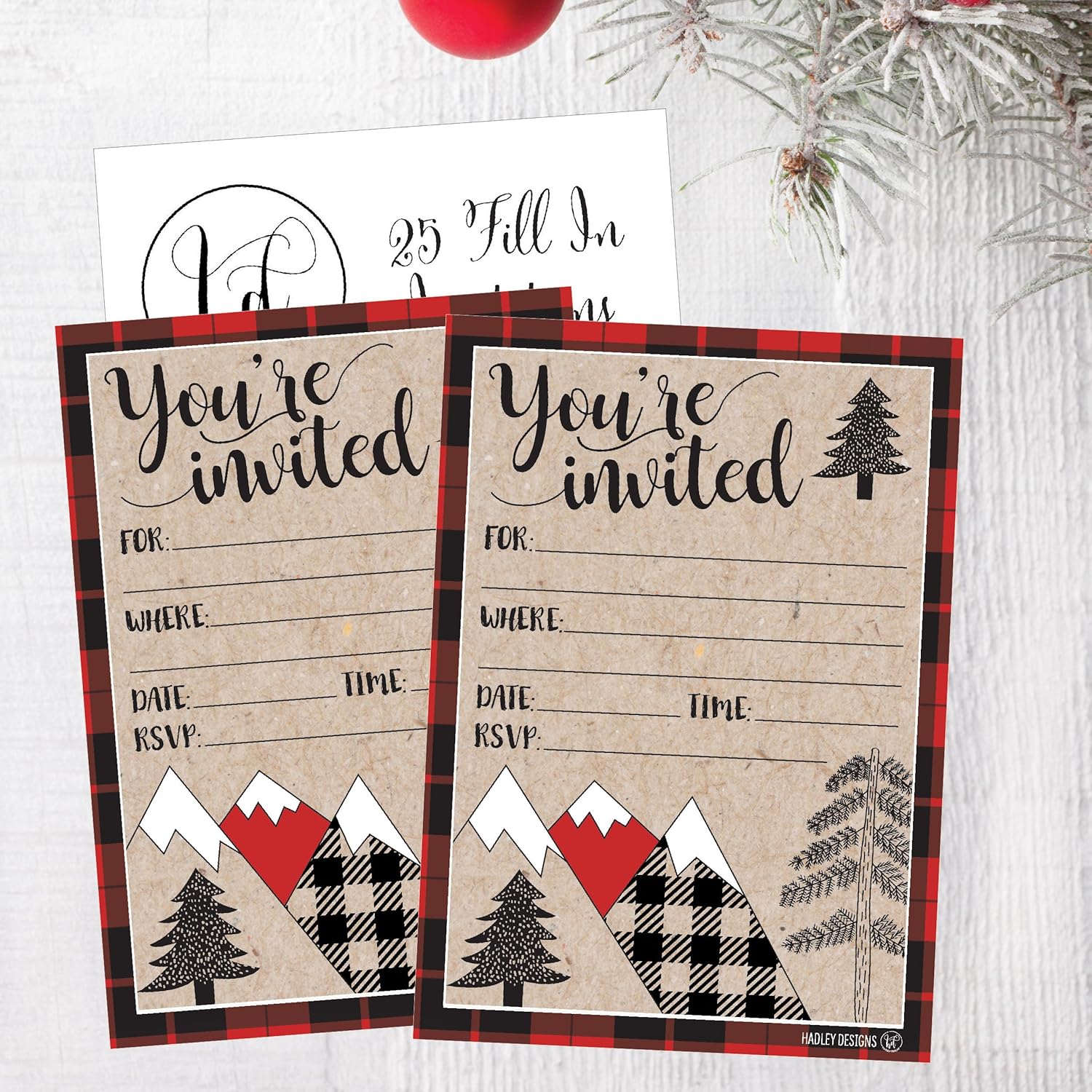 Hadley Designs 25 Plaid Woodland Holiday Invitations
