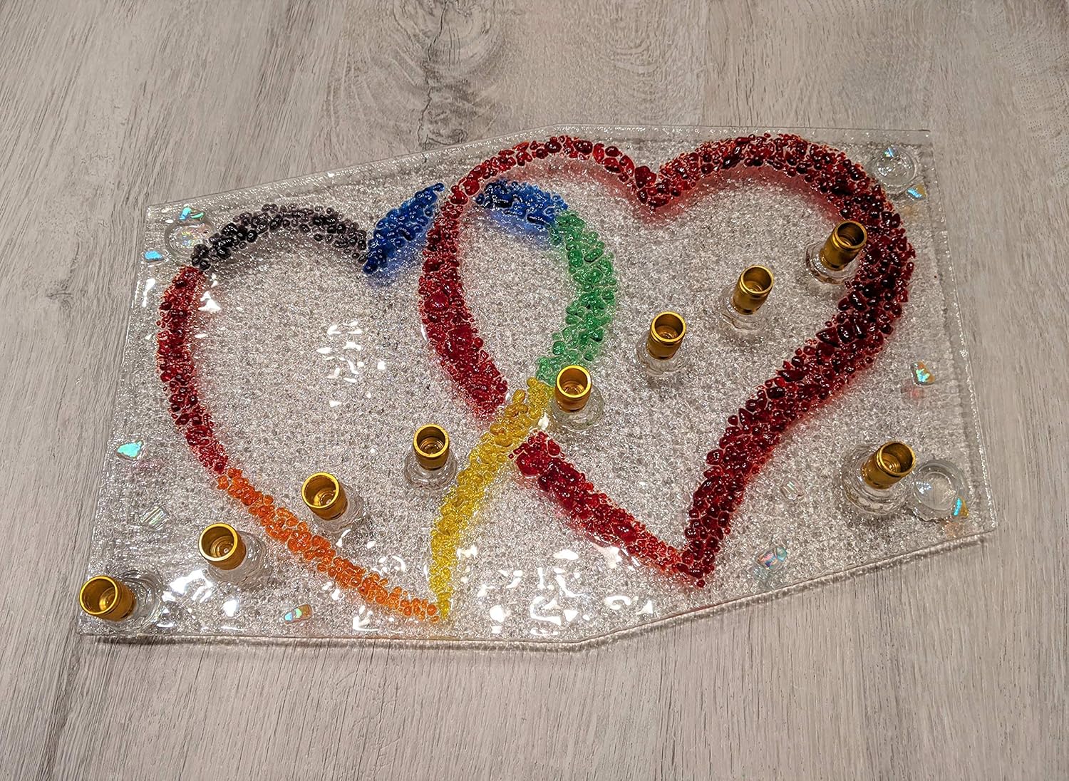 Two Hearts Pride LGBTQ Glass Menorah by YafitGlass 1